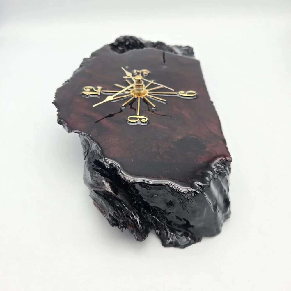 Vintage Lacquered Live Edge Wood Slab Wall Clock Dark MCM Brutalist Needs Repair